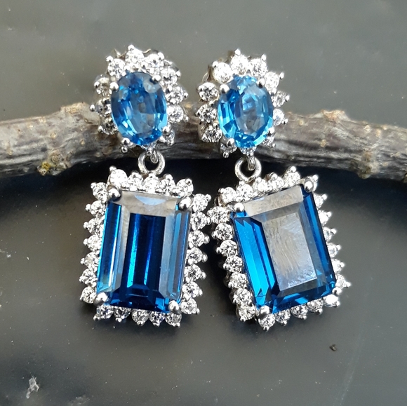 Intense Blue Swiss Topaz and Sapphire Earrings - Picture 5 of 11